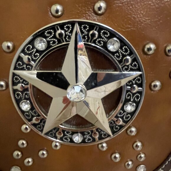 Two tone brown cross body purse with silver tone mirrored star, and studs - Picture 2 of 15